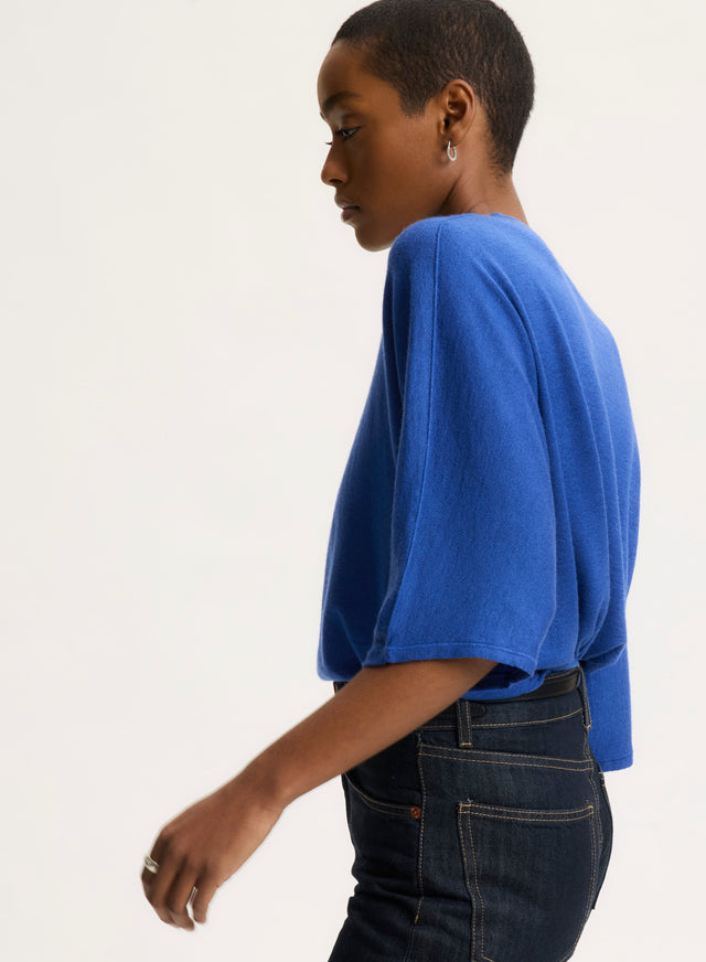 Majestic Filatures T-shirt Bleu Col Rond Manches Coudes En Cachemire Cachemire