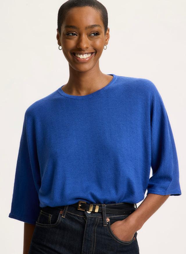 majestic filatures T-shirt Bleu Col Rond Manches Coudes en Cachemire Cachemire