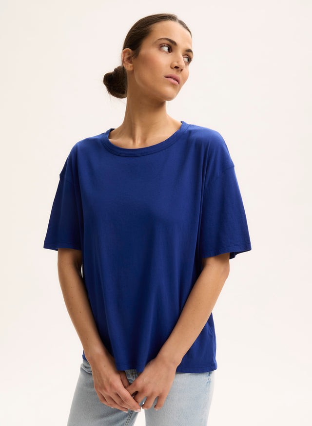 majestic filatures T-shirt Bleu Col Rond Manches Courtes en Coton organique Coton organique