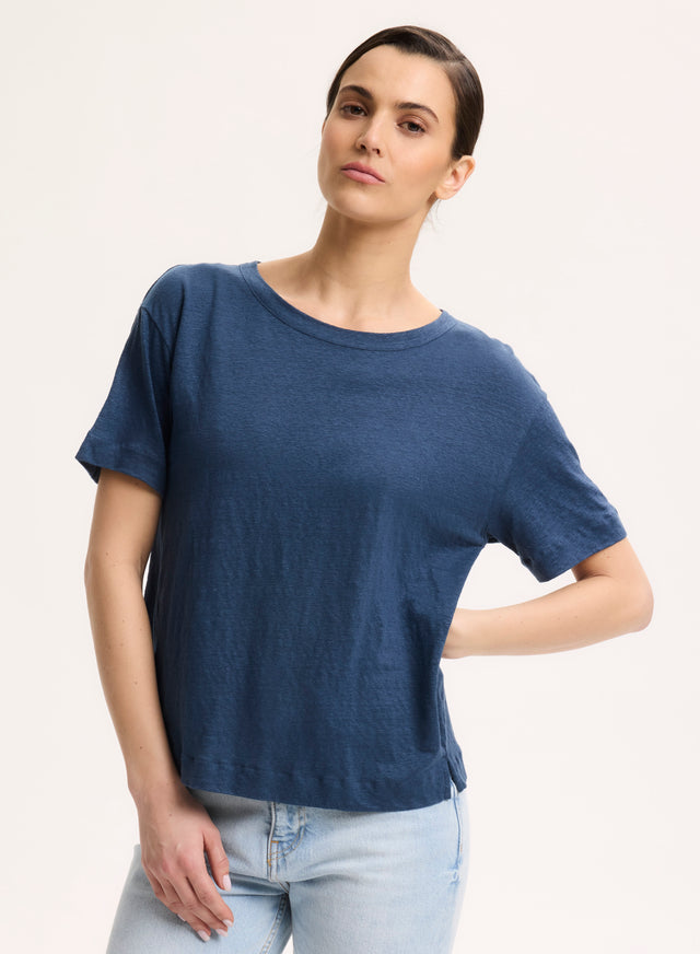 Majestic Filatures T-shirt Bleu Col Rond Manches Courtes En Lin / Elasthanne Lin / Elasthanne