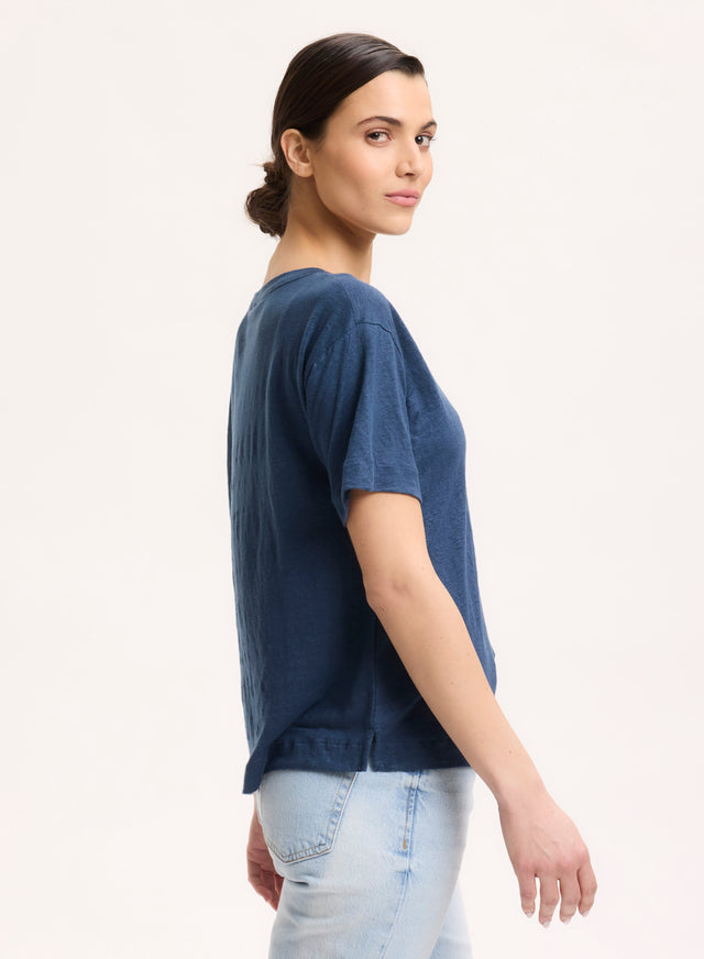 Majestic Filatures T-shirt Bleu Col Rond Manches Courtes En Lin / Elasthanne Lin / Elasthanne