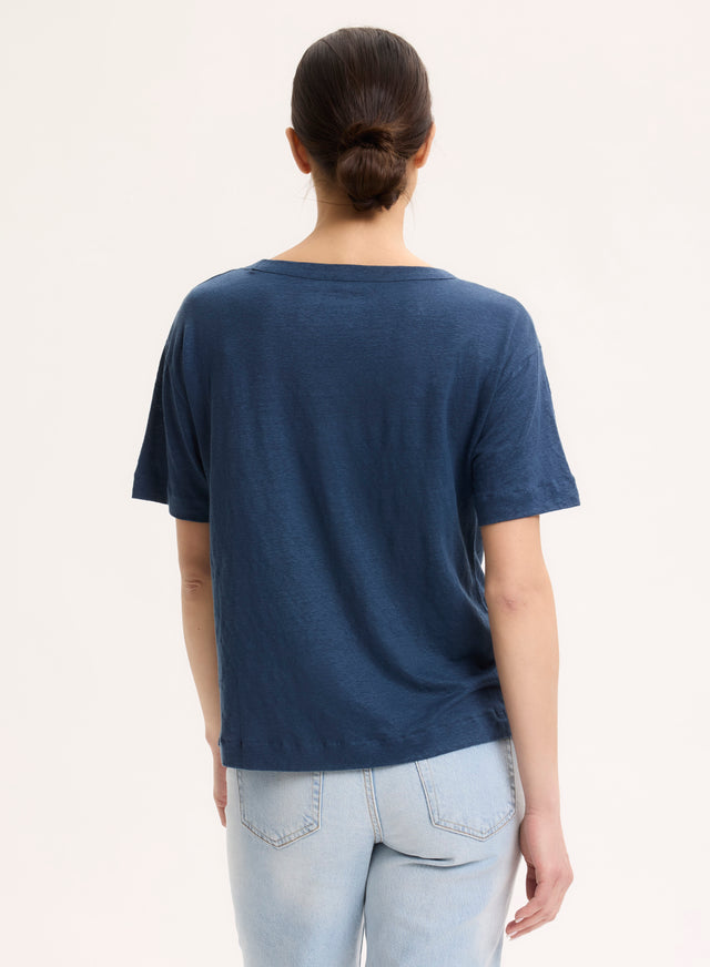 Majestic Filatures T-shirt Bleu Col Rond Manches Courtes En Lin / Elasthanne Lin / Elasthanne