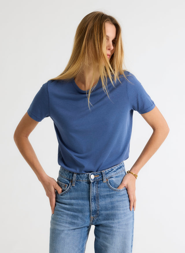 Majestic Filatures T-shirt Bleu Col Rond Manches Courtes En Lyocell / Tencel / Coton Organique Lyocell / Tencel / Coton Organique