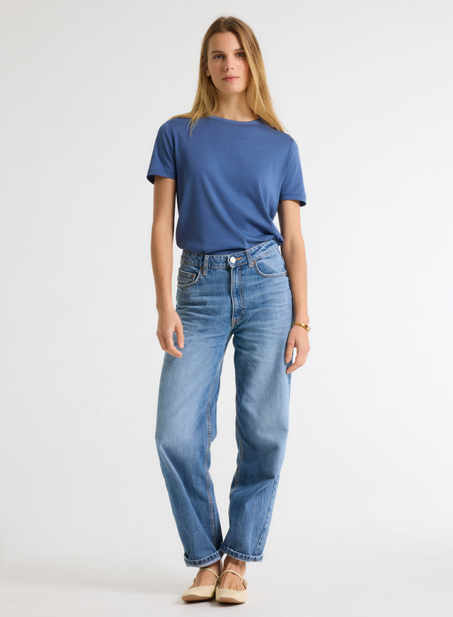 Majestic Filatures T-shirt Bleu Col Rond Manches Courtes En Lyocell / Tencel / Coton Organique Lyocell / Tencel / Coton Organique