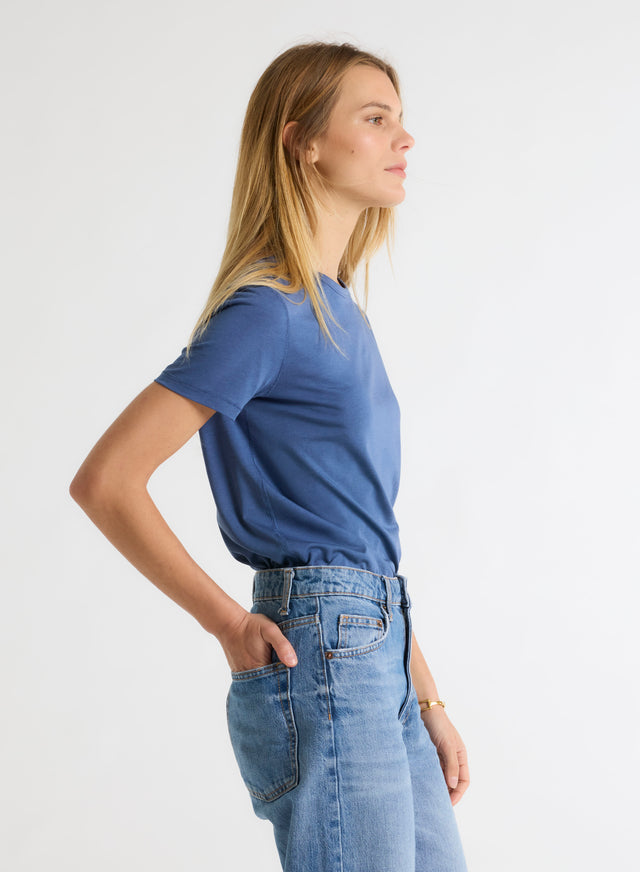 Majestic Filatures T-shirt Bleu Col Rond Manches Courtes En Lyocell / Tencel / Coton Organique Lyocell / Tencel / Coton Organique