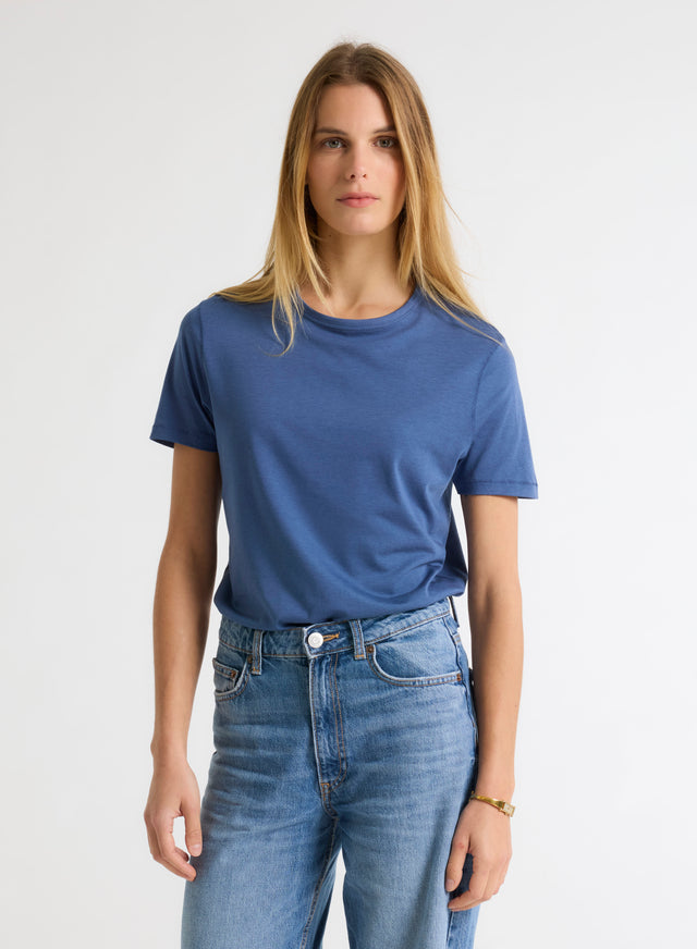 majestic filatures T-shirt Bleu Col Rond Manches Courtes en Lyocell / Tencel / Coton organique Lyocell / Tencel / Coton organique