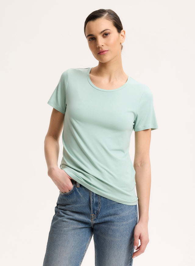 Majestic Filatures T-shirt Bleu Col Rond Manches Courtes En Viscose / Élasthanne Viscose / Élasthanne