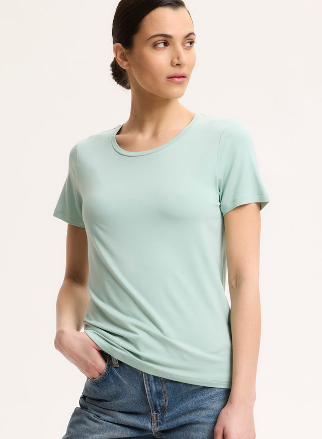 majestic filatures T-shirt Bleu Col Rond Manches Courtes en Viscose / Élasthanne Viscose / Élasthanne