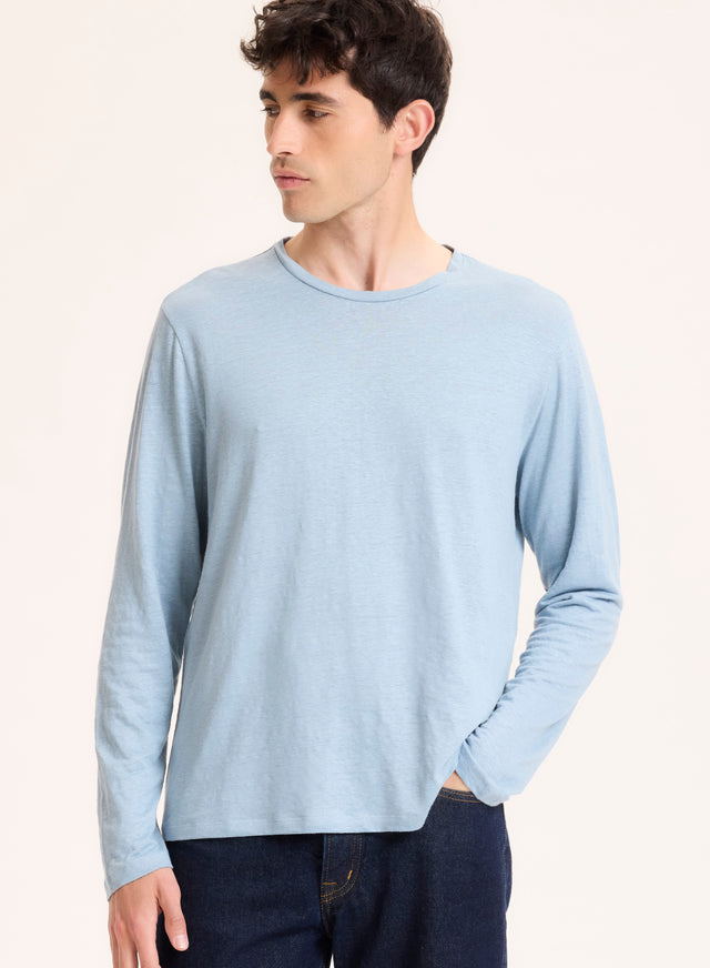 majestic filatures T-shirt Bleu Col Rond Manches Longues en Lin / Elasthanne Lin / Elasthanne