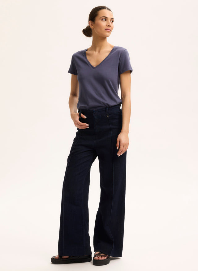 Majestic Filatures T-shirt Bleu Col V Manches Courtes En Coton Organique Coton Organique