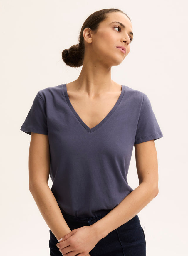 Majestic Filatures T-shirt Bleu Col V Manches Courtes En Coton Organique Coton Organique