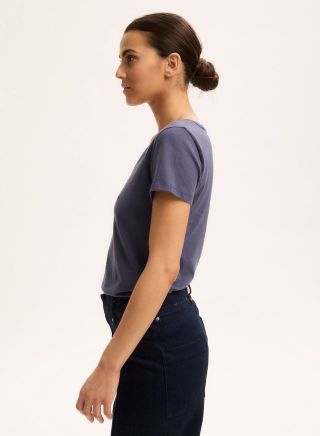 Majestic Filatures T-shirt Bleu Col V Manches Courtes En Coton Organique Coton Organique