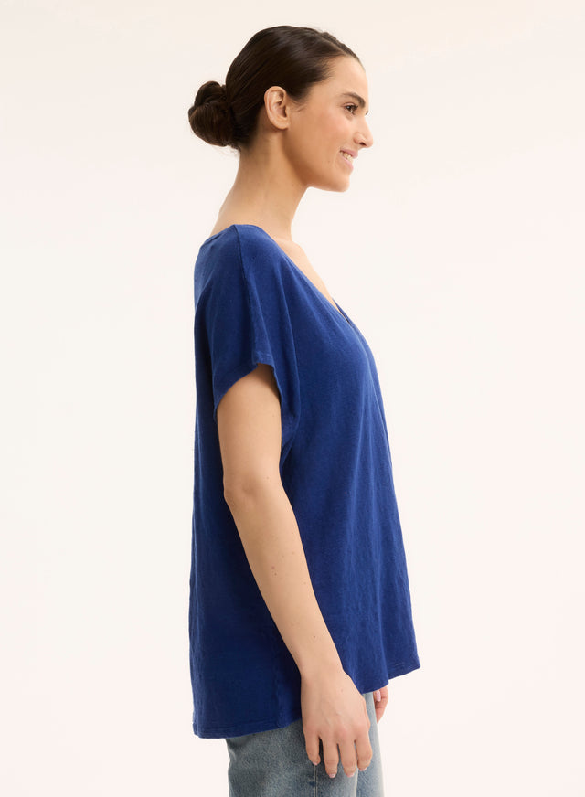Majestic Filatures T-shirt Bleu Col V Manches Courtes En Lin / Elasthanne Lin / Elasthanne