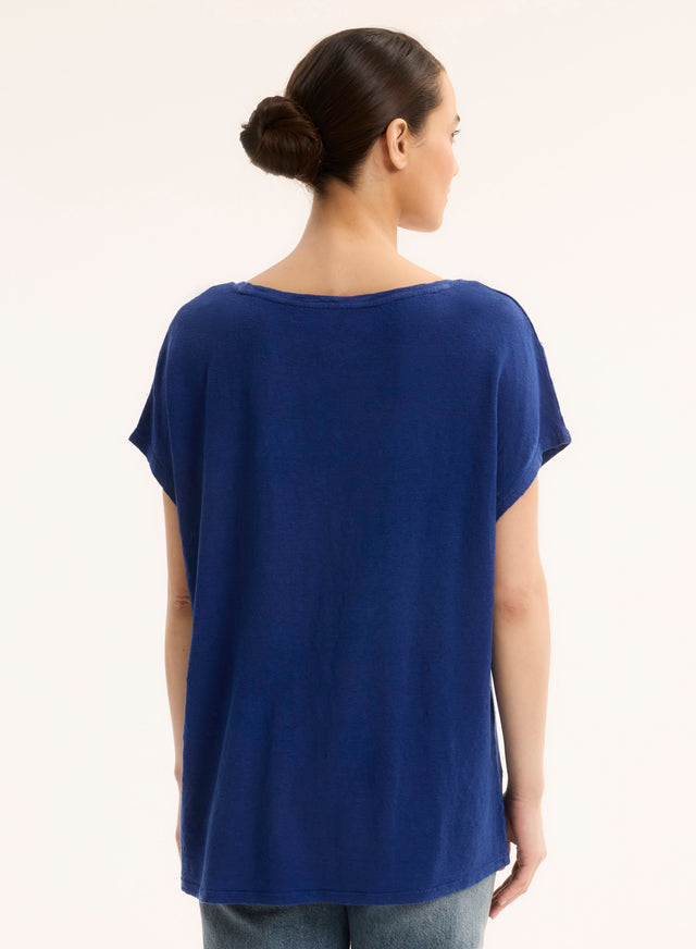 Majestic Filatures T-shirt Bleu Col V Manches Courtes En Lin / Elasthanne Lin / Elasthanne