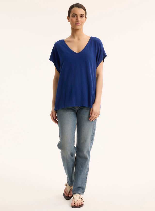 Majestic Filatures T-shirt Bleu Col V Manches Courtes En Lin / Elasthanne Lin / Elasthanne