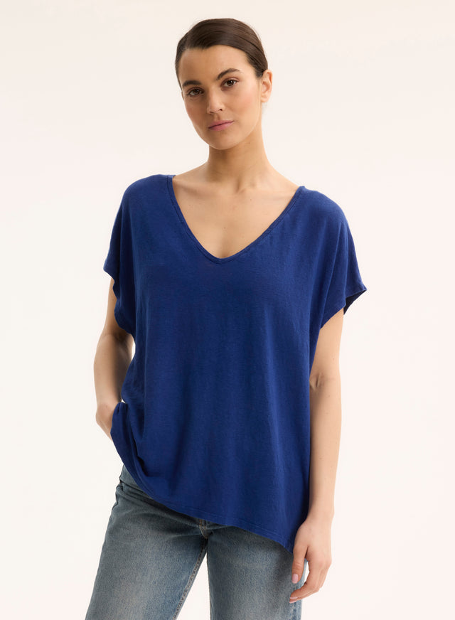 majestic filatures T-shirt Bleu Col V Manches Courtes en Lin / Elasthanne Lin / Elasthanne