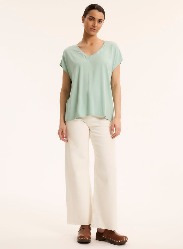 Majestic Filatures T-shirt Bleu Col V Manches Courtes En Viscose / Élasthanne Viscose / Élasthanne