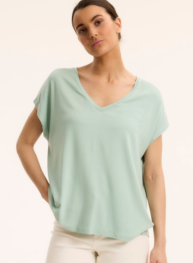 majestic filatures T-shirt Bleu Col V Manches Courtes en Viscose / Élasthanne Viscose / Élasthanne