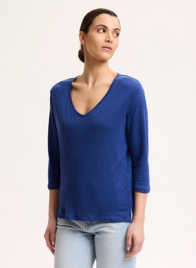 Majestic Filatures T-shirt Bleu Col V Manches Trois Quarts En Lin / Elasthanne Lin / Elasthanne