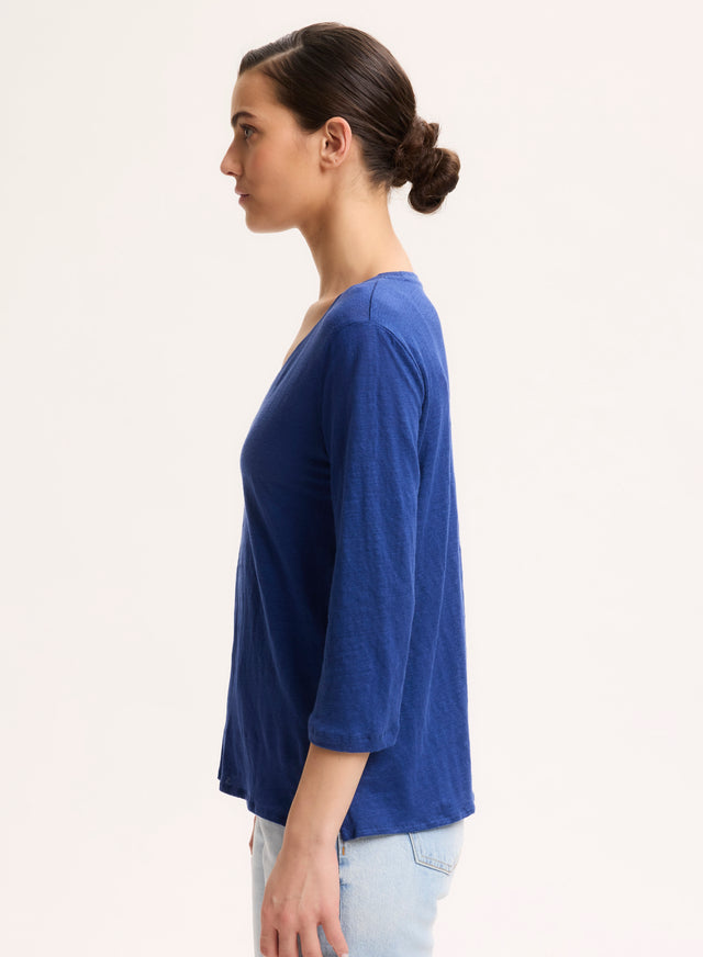 Majestic Filatures T-shirt Bleu Col V Manches Trois Quarts En Lin / Elasthanne Lin / Elasthanne