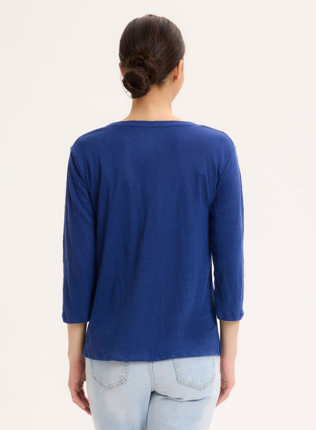 Majestic Filatures T-shirt Bleu Col V Manches Trois Quarts En Lin / Elasthanne Lin / Elasthanne