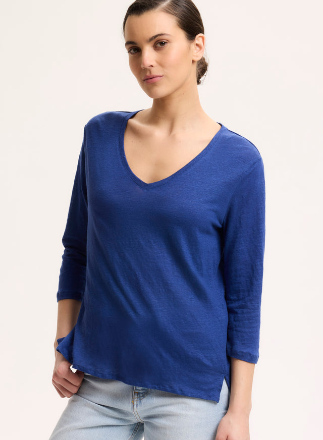 majestic filatures T-shirt Bleu Col V Manches Trois quarts en Lin / Elasthanne Lin / Elasthanne