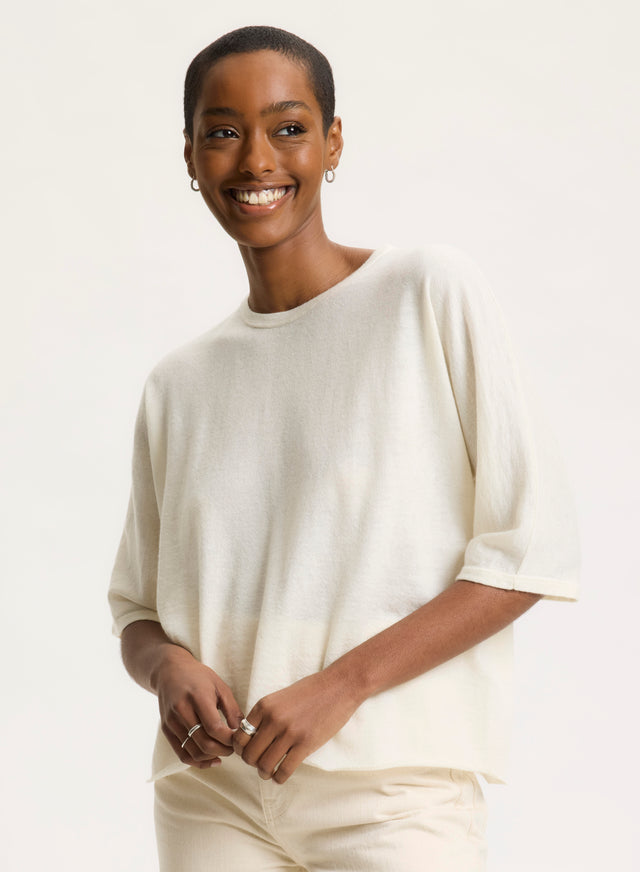 Majestic Filatures T-shirt Écru Col Rond Manches Coudes En Cachemire Cachemire