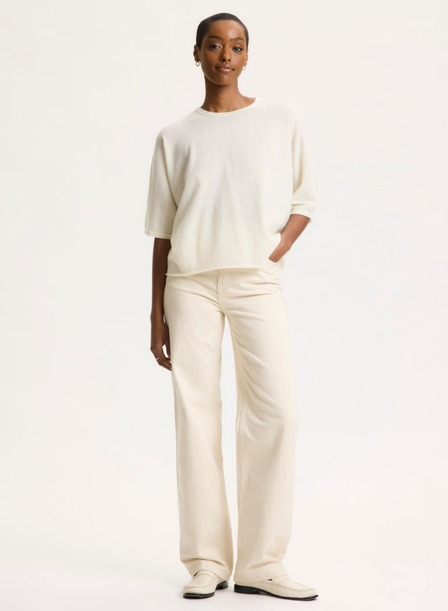 Majestic Filatures T-shirt Écru Col Rond Manches Coudes En Cachemire Cachemire