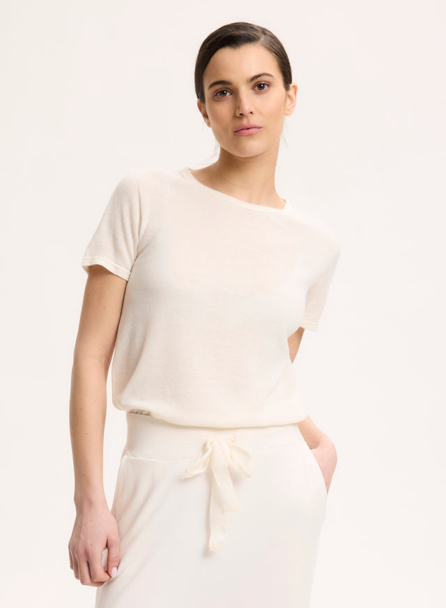 majestic filatures T-shirt Écru Col Rond Manches Courtes en 100% Cachemire Cachemire