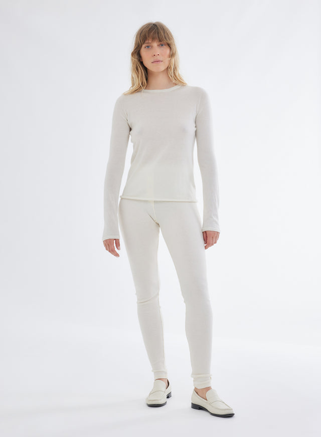 Majestic Filatures T-shirt Écru Col Rond Manches Longues En 100% Cachemire Cachemire