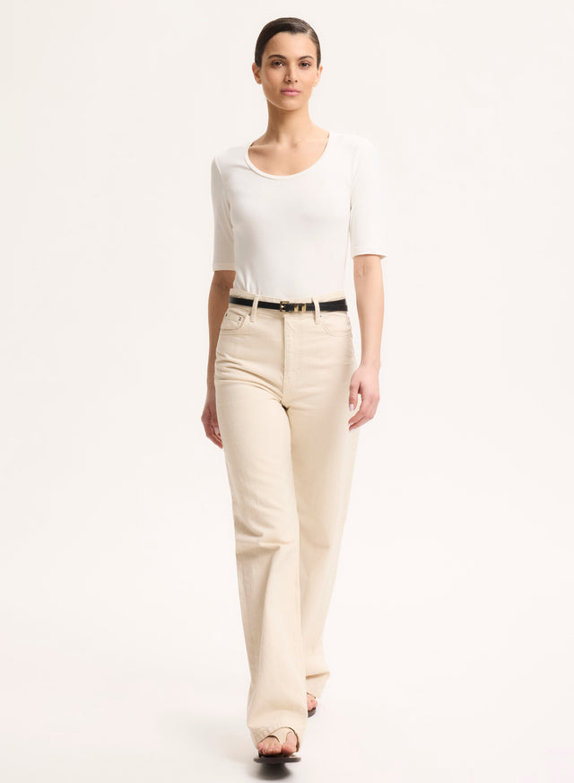 Majestic Filatures T-shirt Écru Col U Manches Coudes En Viscose / Élasthanne Viscose / Élasthanne