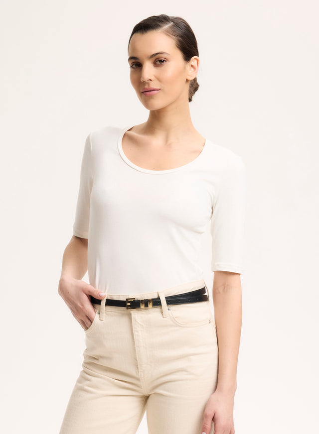 majestic filatures T-shirt Écru Col U Manches Coudes en Viscose / Élasthanne Viscose / Élasthanne