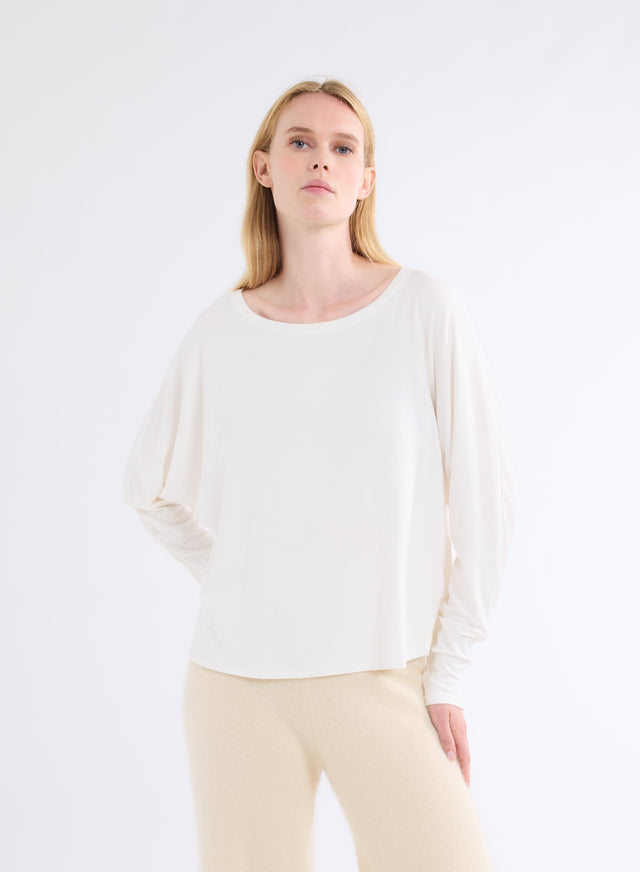 majestic filatures T-shirt Gris Perle Oversize Col Bateau Manches Longues en Viscose et Élasthanne Viscose / Élasthanne