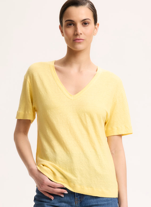 majestic filatures T-shirt Jaune Col V Manches Courtes en Lin / Elasthanne Lin / Elasthanne
