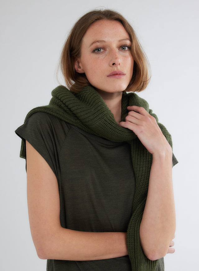 Majestic Filatures T-shirt Kaki Col Bateau Manches Courtes En Laine Et Lyocell Lyocell / Laine Vierge