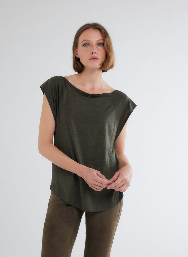 majestic filatures T-shirt Kaki Col Bateau Manches Courtes en Laine et Lyocell Lyocell / Laine vierge