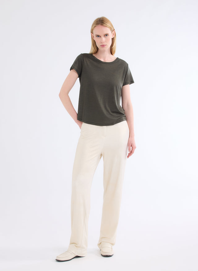 Majestic Filatures T-shirt Kaki Col Rond Manches Courtes En Laine Et Lyocell Lyocell / Laine Vierge