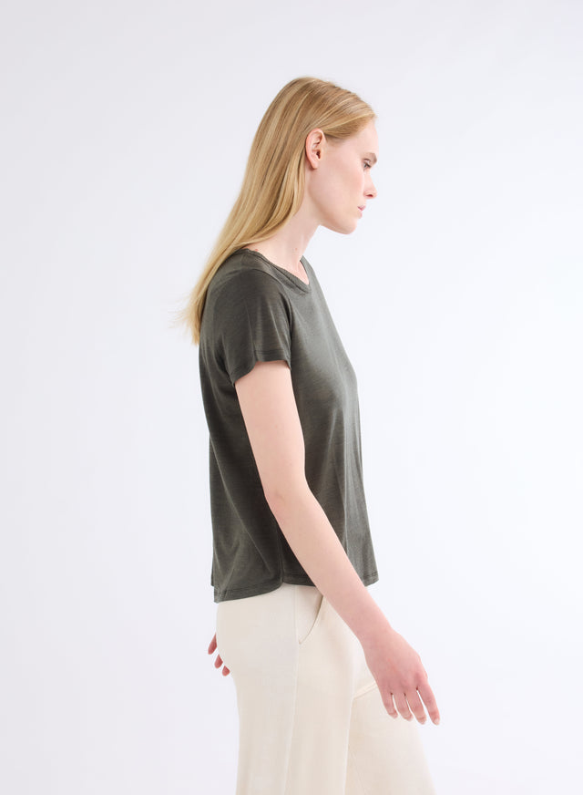 Majestic Filatures T-shirt Kaki Col Rond Manches Courtes En Laine Et Lyocell Lyocell / Laine Vierge