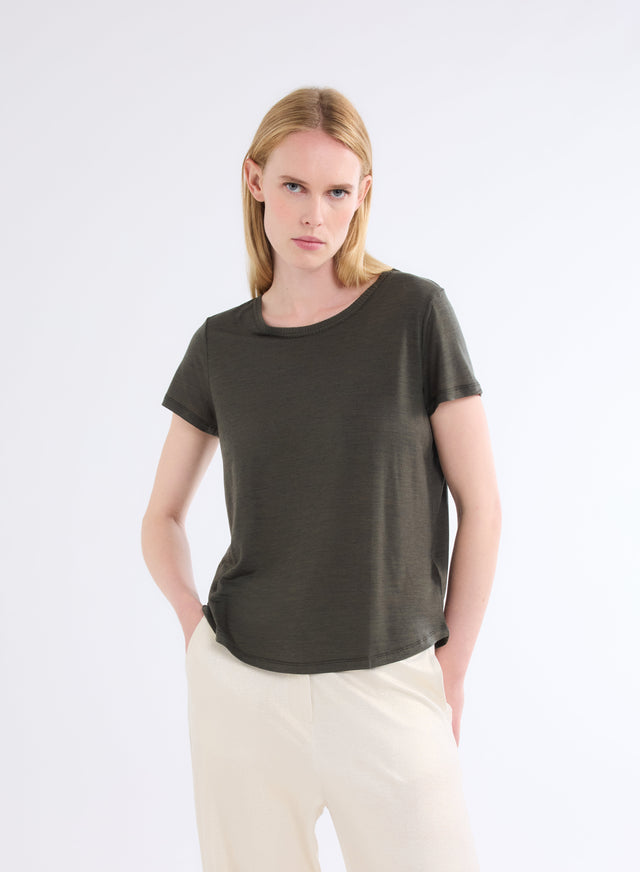 majestic filatures T-shirt Kaki Col Rond Manches Courtes en Laine et Lyocell Lyocell / Laine vierge