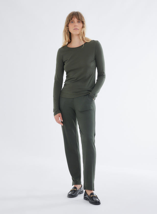 Majestic Filatures T-shirt Kaki Col Rond Manches Longues En Coton Et Cachemire Coton / Cachemire