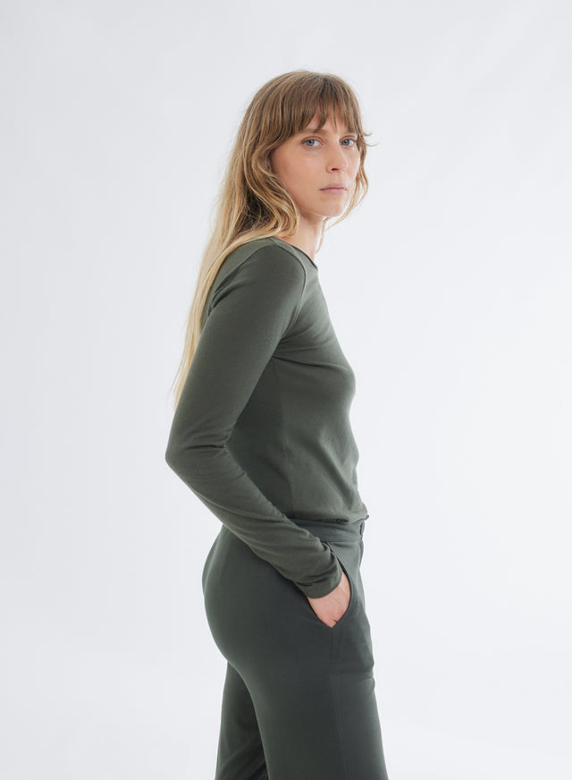 Majestic Filatures T-shirt Kaki Col Rond Manches Longues En Coton Et Cachemire Coton / Cachemire