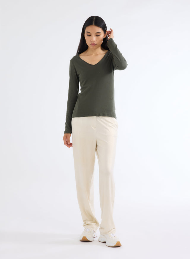 Majestic Filatures T-shirt Kaki Col V Manches Longues En Coton Et Cachemire Coton / Cachemire