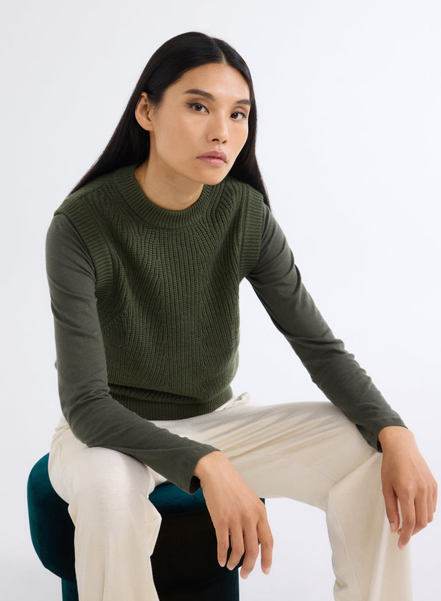 majestic filatures T-shirt Kaki Col V Manches Longues en Coton et Cachemire Coton / Cachemire