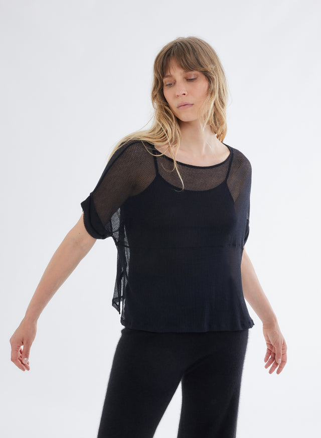majestic filatures T-shirt Maille Ajourée Noir Col Rond Manches Courtes en Micro Modal et Cachemire Micro Modal / Cachemire