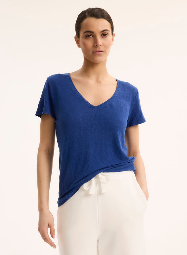 Majestic Filatures T-shirt Marine Col Bateau Manches Coudes En Lin / Coton Organique Lin / Elasthanne