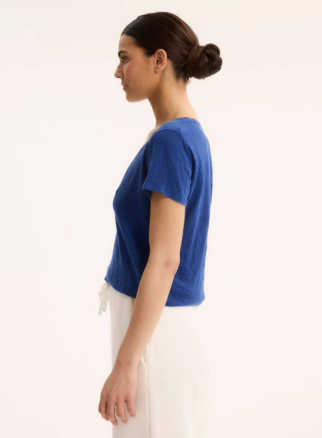 Majestic Filatures T-shirt Marine Col Bateau Manches Coudes En Lin / Coton Organique Lin / Elasthanne