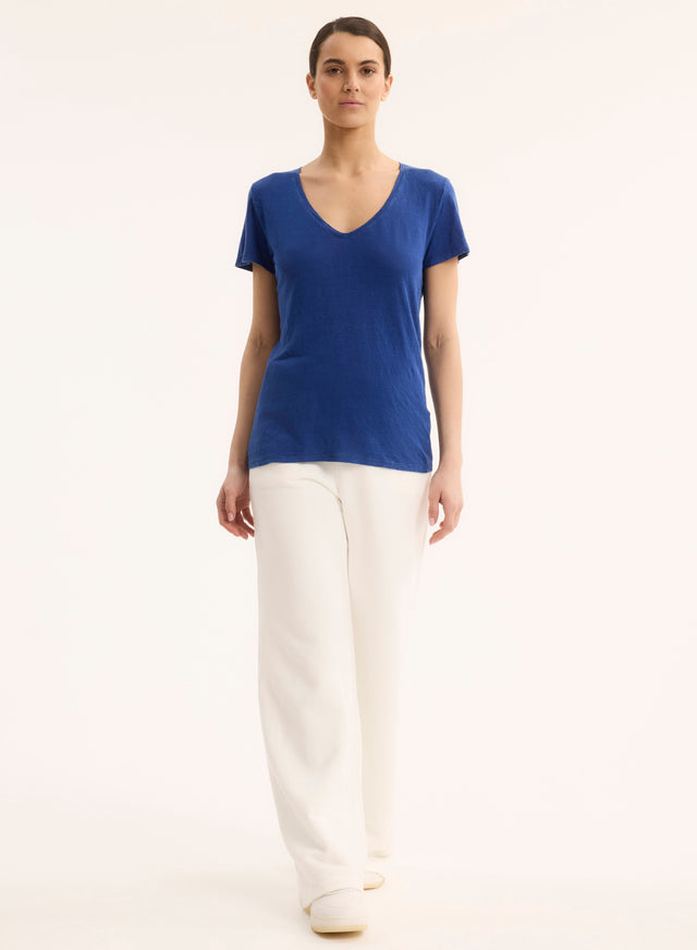 Majestic Filatures T-shirt Marine Col Bateau Manches Coudes En Lin / Coton Organique Lin / Elasthanne