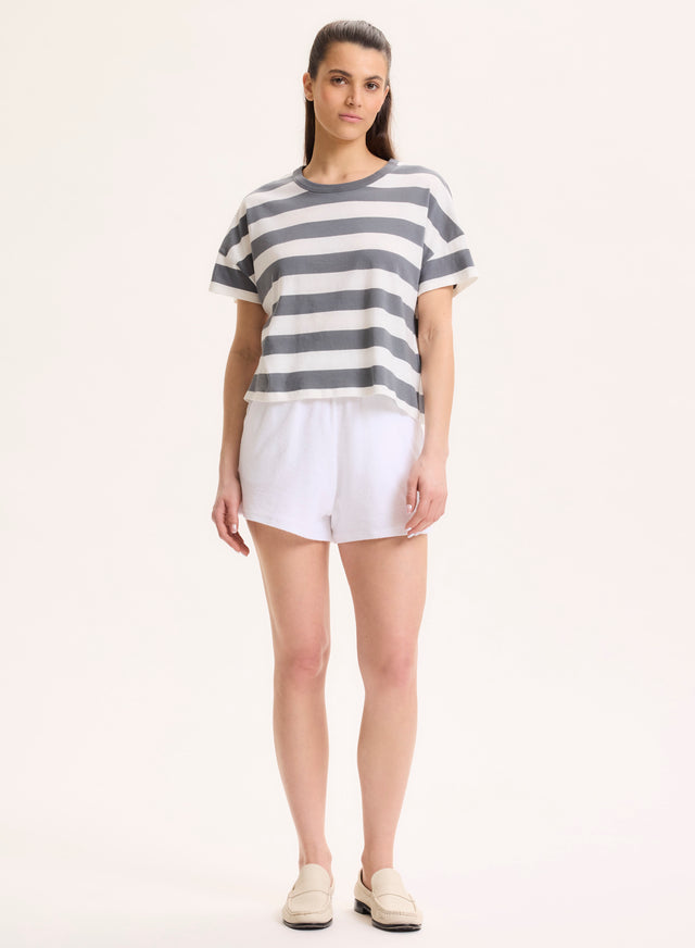 Majestic Filatures T-shirt Marine Col Bateau Manches Coudes En Lin / Coton Organique Coton Organique