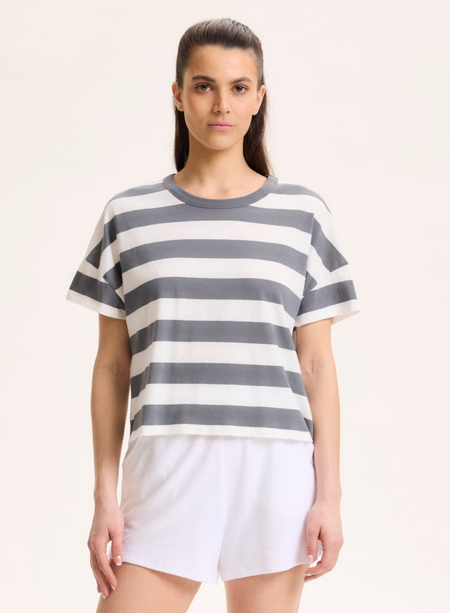 Majestic Filatures T-shirt Marine Col Bateau Manches Coudes En Lin / Coton Organique Coton Organique