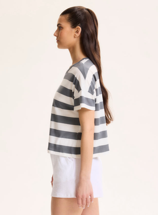 Majestic Filatures T-shirt Marine Col Bateau Manches Coudes En Lin / Coton Organique Coton Organique